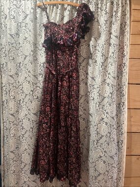 Free People One-Shoulder Floral Maxi Dress in Burgundy & Black Size Small